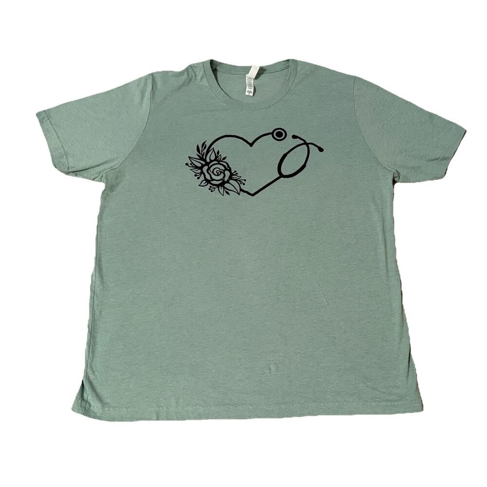 Bella Canvas Floral Heart Stethoscope Graphic T-Shirt, Light Green, Size XL